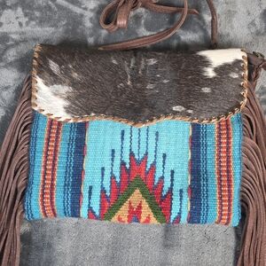 American Darling Saddle Blanket And Cowhide. Blue and Brown Crossbody Bag